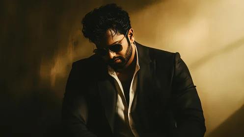 Cinematic low key portrait of man in suit and sunglasses.