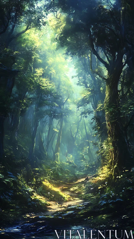 Sacred Forest Path Bathed in Golden Celestial Light.