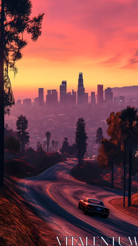 Golden city skyline welcomes a lone sunset highway drive