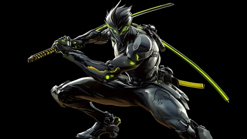 Cybernetic ninja crouches with dual neon katanas ready