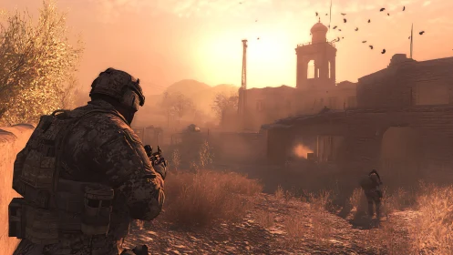 Sunlit tactical patrol moving through a quiet desert village.