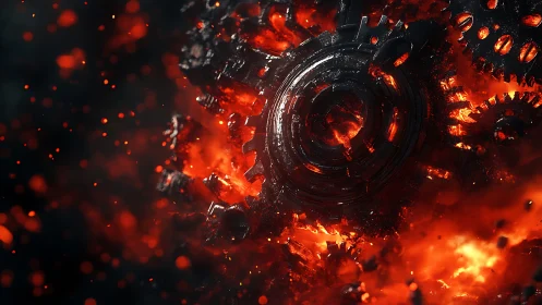 Molten mechanical gears engulfed in fire and sparks.