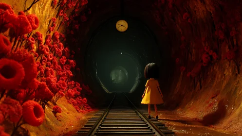 Child in yellow dress on rail track in floral tunnel corridor
