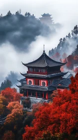 Multi-tiered pagoda stands amid dense fog and red foliage