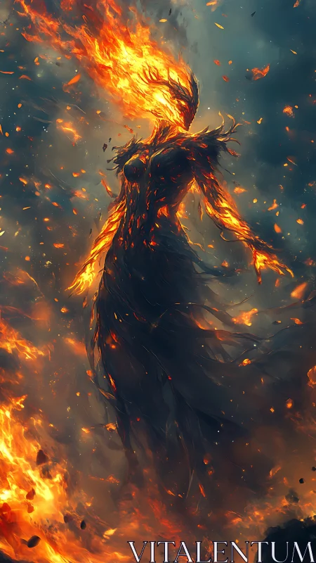 Flaming humanoid figure rising amid swirling embers.
