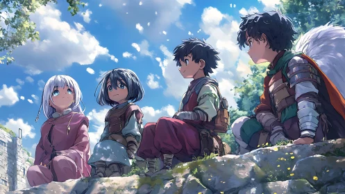 Four young adventurers rest under a luminous blue summer sky