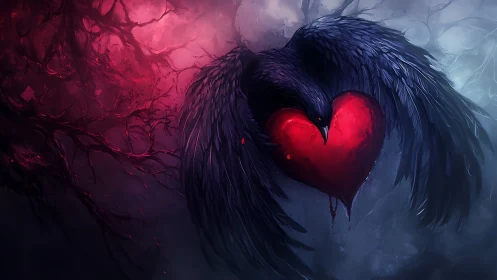 Glowing red heart form engulfed by dark winged entity