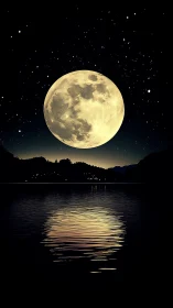 Full moon rises over tranquil lake, casting shimmering glow.