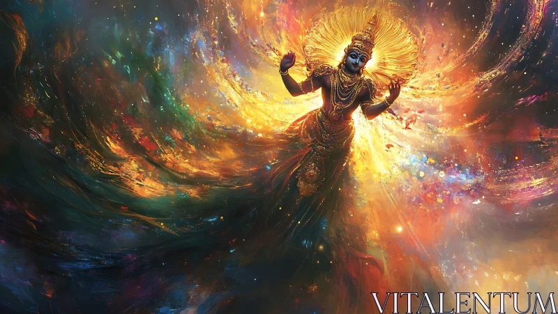 Celestial deity swirling through a supernova of cosmic light.
