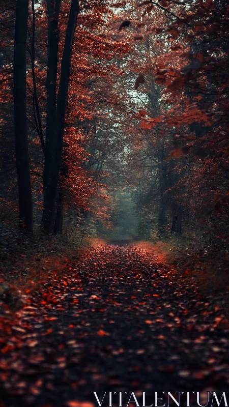 Autumn Forest Path Through Red Leaves