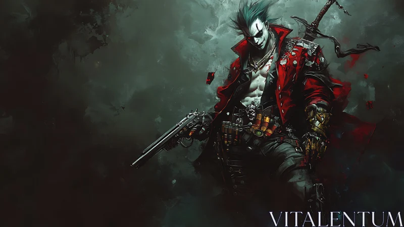 Gun-wielding cyberpunk antihero in red coat stands ready.