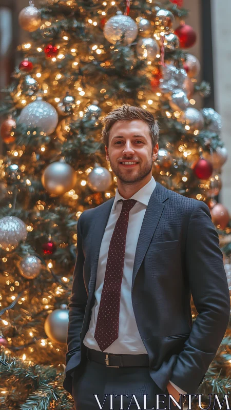 Business professional standing before illuminated tree display.