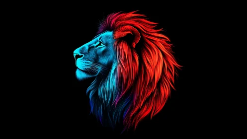 Neon lion profile glows in saturated dual color light.