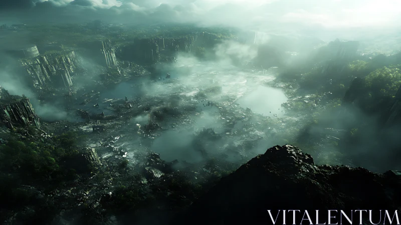 Verdant valley shrouded in mist and columnar rock formations