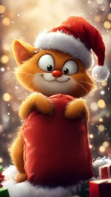 Merry mischief cat hugging a giant red Christmas surprise.