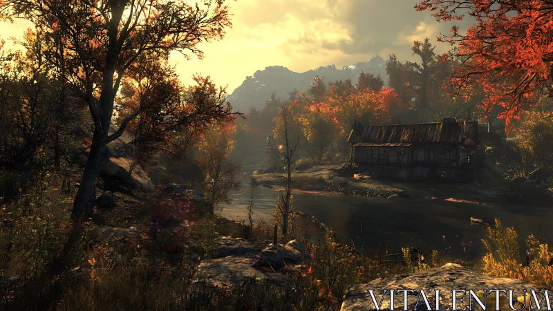 Rendered riverside cabin within dense autumn woodland setting