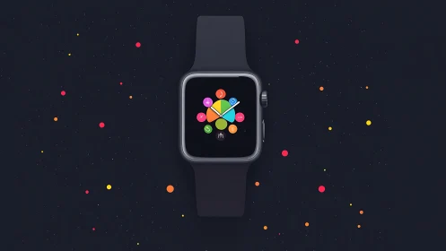 Smartwatch with colorful circular interface on dark field.