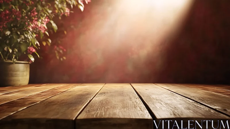 Sunlit wooden table invites quiet moments and gentle blooms