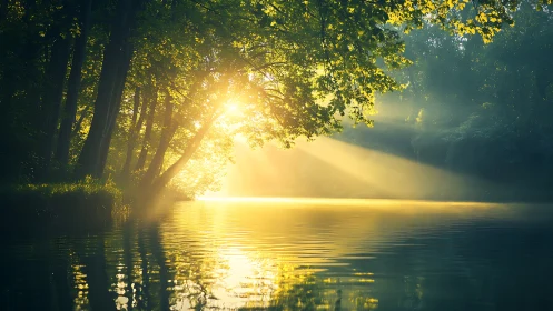 Serene morning sunlight streams through forest over tranquil lake.