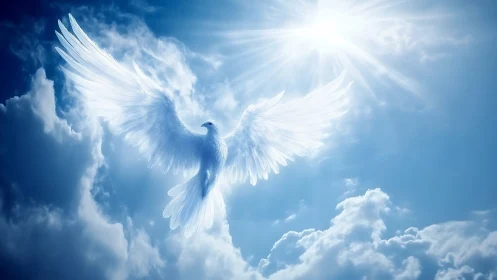 Translucent white bird form is rendered against bright sky