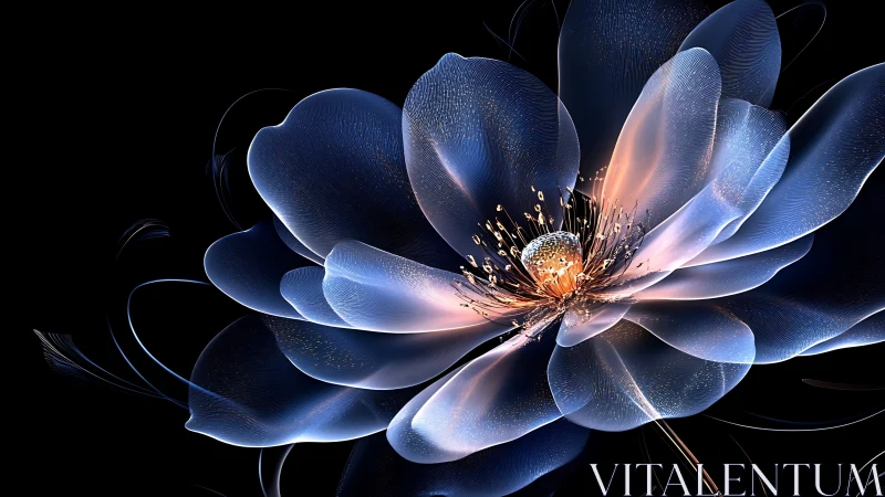 Luminous glass flower glows with iridescent blue petals.