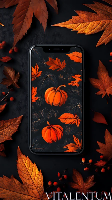 High contrast autumn mobile wallpaper with pumpkins and foliage