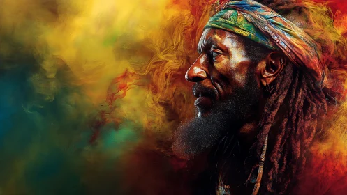 Radiant elder in swirling sunset colors of memory.