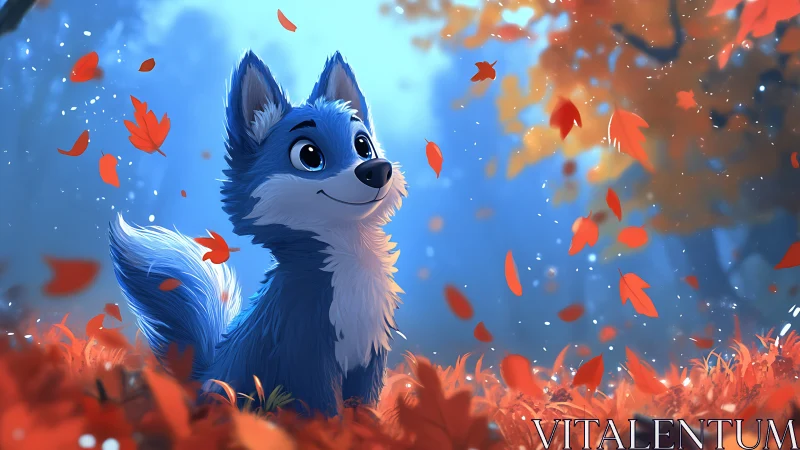 Blue cartoon fox sits in autumn forest as leaves fall