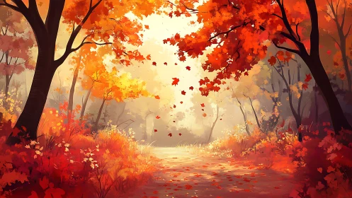 Autumnal Forest Corridor: Luminous Maple Canopy with Falling Foliage.