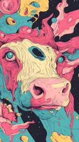 Cosmic dairy dreamscape lets a melting neon cow drift