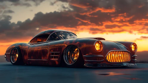 Low-slung retro-styled 3D car model is rendered at sunset