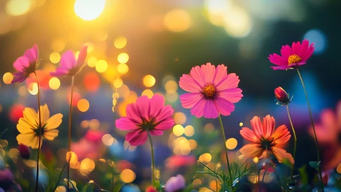 Cosmos Flowers with Bokeh Lighting at Golden Hour