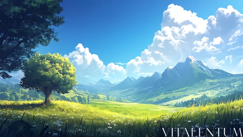 Sunlit valley landscape under towering summer clouds.