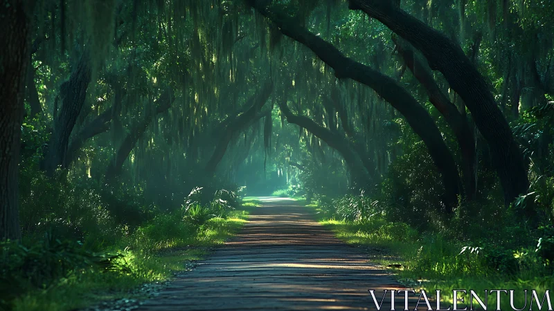 Luminous forest canopy creates verdant corridor through arched ancient trees.