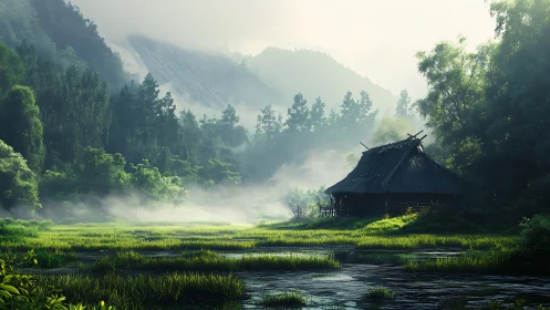 Mist-kissed forest hut beside emerald marshland dreams.