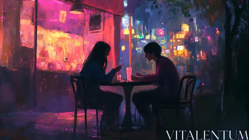 Silhouetted couple sits at café table under neon city glow