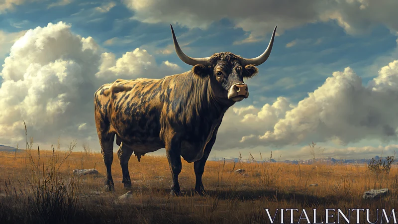 Longhorn cattle stands against vast stormlit prairie sky.