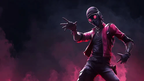 Hooded cyber street rogue in neon magenta fog, dynamic pose