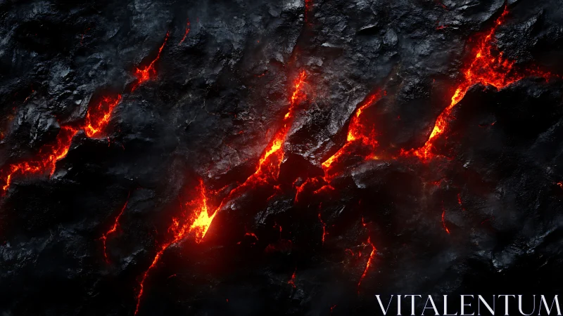 Lava flows through fractured volcanic surface with luminous pathways.