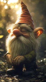 Gentle forest gnome smiling softly in golden morning light.