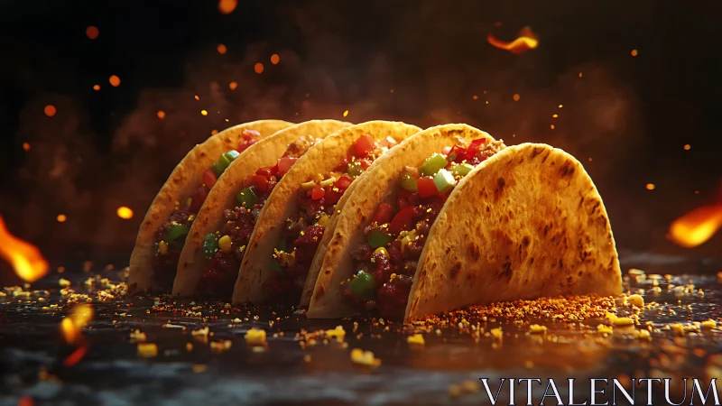 Spicy grilled beef tacos lined on ember-lit dark surface.