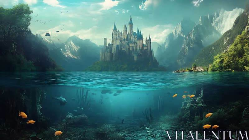 Castle stands above alpine lake with detailed underwater cross-section