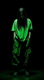 Standing figure in green streetwear under focused lighting.