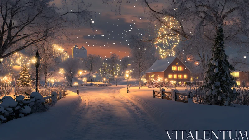 Snowlit village lane aglow with winter lights and quiet wonder.