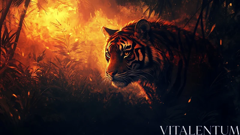 Warm jungle glow embracing a quietly watchful tiger.
