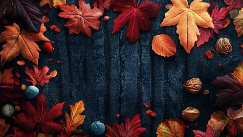Autumn leaves and nuts frame textured dark blue knitted fabric
