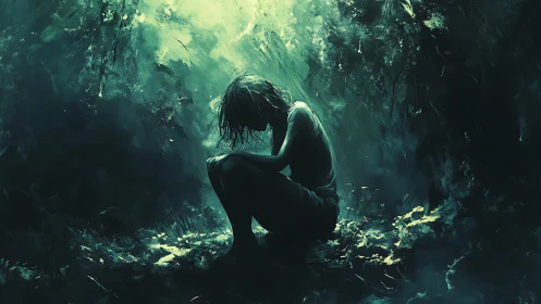 Solitary figure curls in glowing forest, wrapped in quiet sorrow