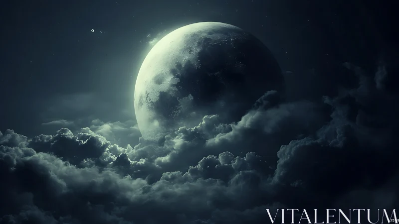 Moonlit colossus rising through storm-thick cosmic clouds.