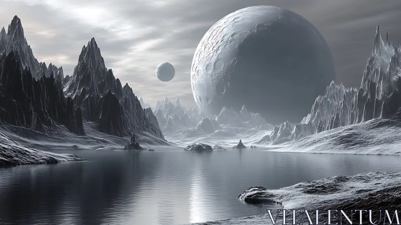 Digital painting of icy exoplanet basin with looming twin moons.