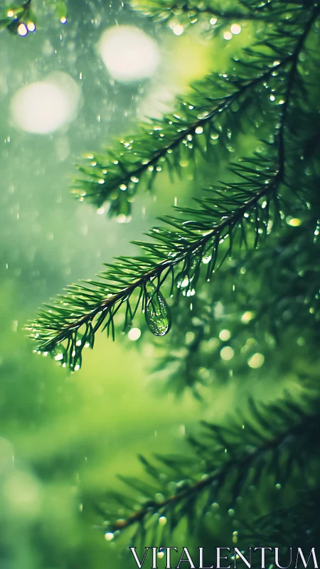 Rain-kissed pine needles cradle a single jeweled droplet.